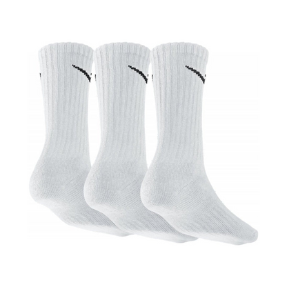 Three pairs of Nike cushioned crew socks in white.
