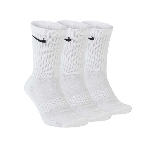 Three pairs of Nike cushioned crew socks in white.