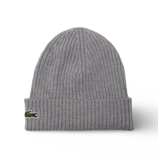 Lacoste Unisex Ribbed Wool Beanie, Grey Chine.