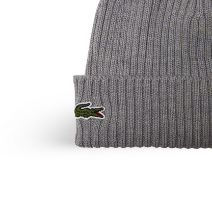 Lacoste Unisex Ribbed Wool Beanie, Grey Chine.