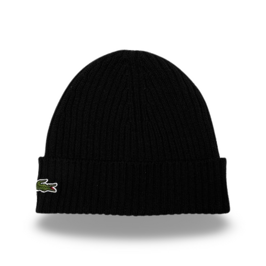 Lacoste Unisex Ribbed Wool Beanie, Black.
