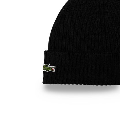 Lacoste Unisex Ribbed Wool Beanie, Black.