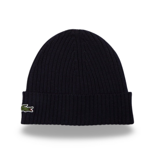 Lacoste Unisex Ribbed Wool Beanie in Navy Blue.