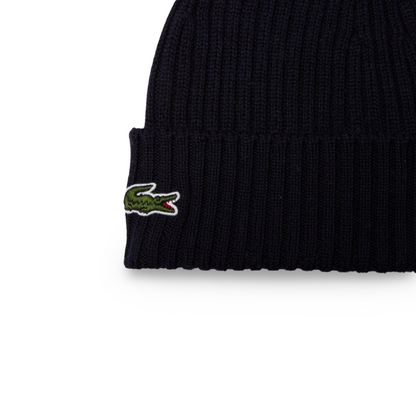 Lacoste Unisex Ribbed Wool Beanie in Navy Blue.