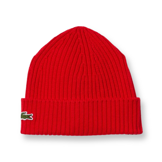 Lacoste Unisex Ribbed Wool Beanie, Red.