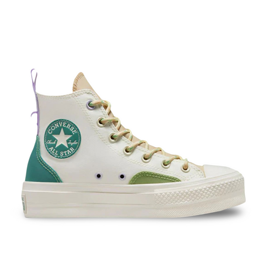 Converse All-Star Lift Platform High-Top Sneakers with Colorblock Overlay in Algae Coast.