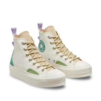 Converse All-Star Lift Platform High-Top Sneakers with Colorblock Overlay in Algae Coast.