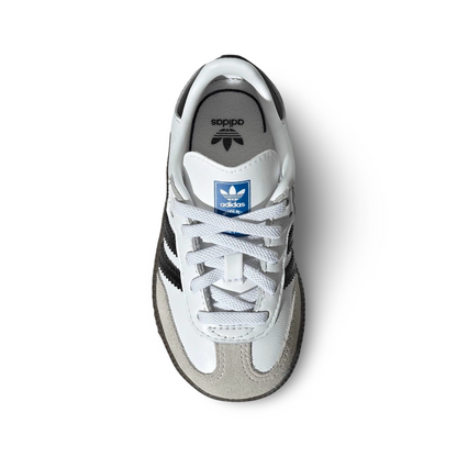 Adidas Samba OG Kids In white upper view image showing the adidas logo and the soft suede