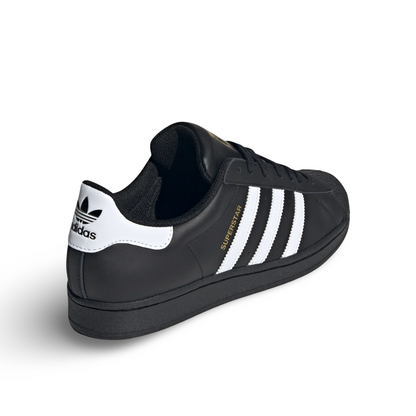 Adidas Superstar shoes, black and white.